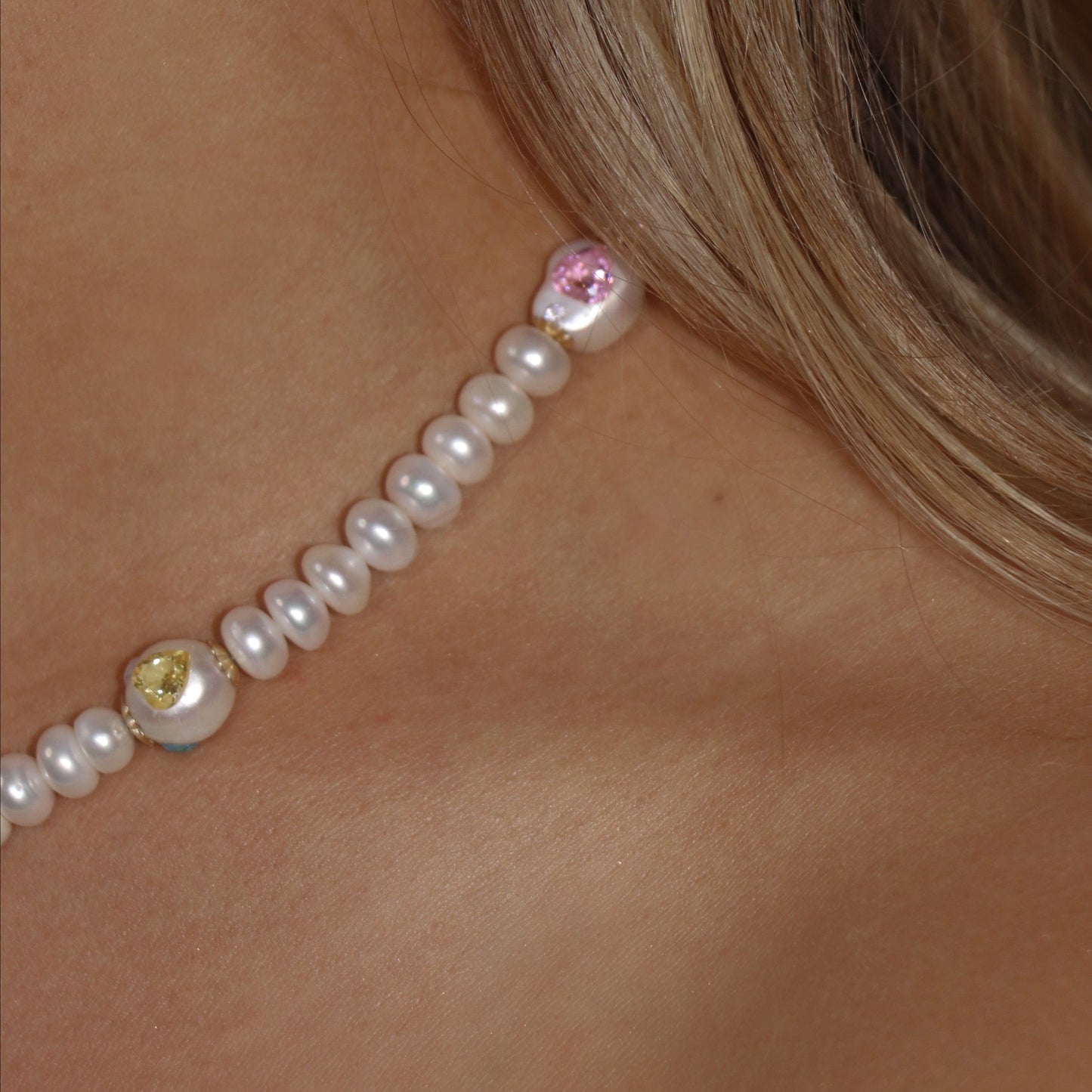 lottie pearl gems necklace, swarovski crystal on pearls, muti-color crystal on pearl necklace,