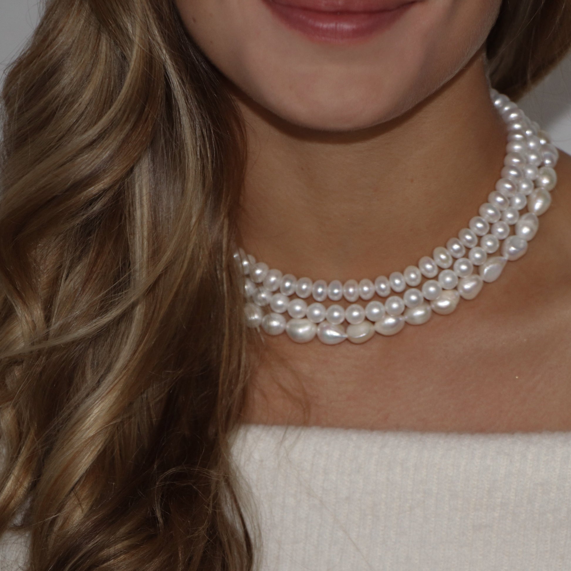 three strand pearl necklace, Jackie O necklace, classic style, occasion necklace, statement necklace, white pearl necklace