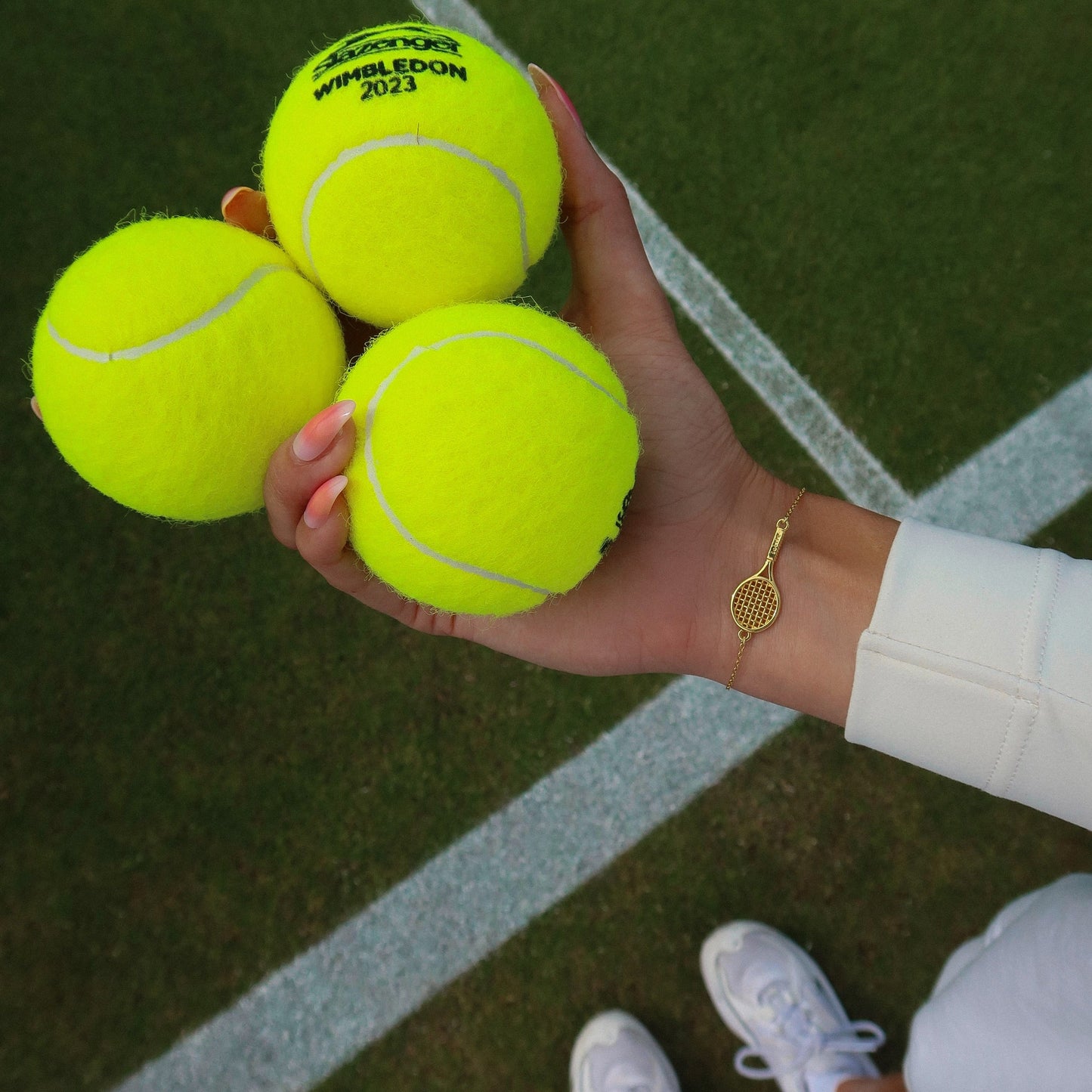 Tennis Racket Bracelet, tennis bracelet, tennis necklace, lottie nyc, pearls, lottie nyc tennis bracelet, morgan riddle, tenniscore, tennis WAGS, taylor fritz, Wimbledon, Tennis Fashion, Tennis Style, The Challengers, Zendaya, Paige Lorenze