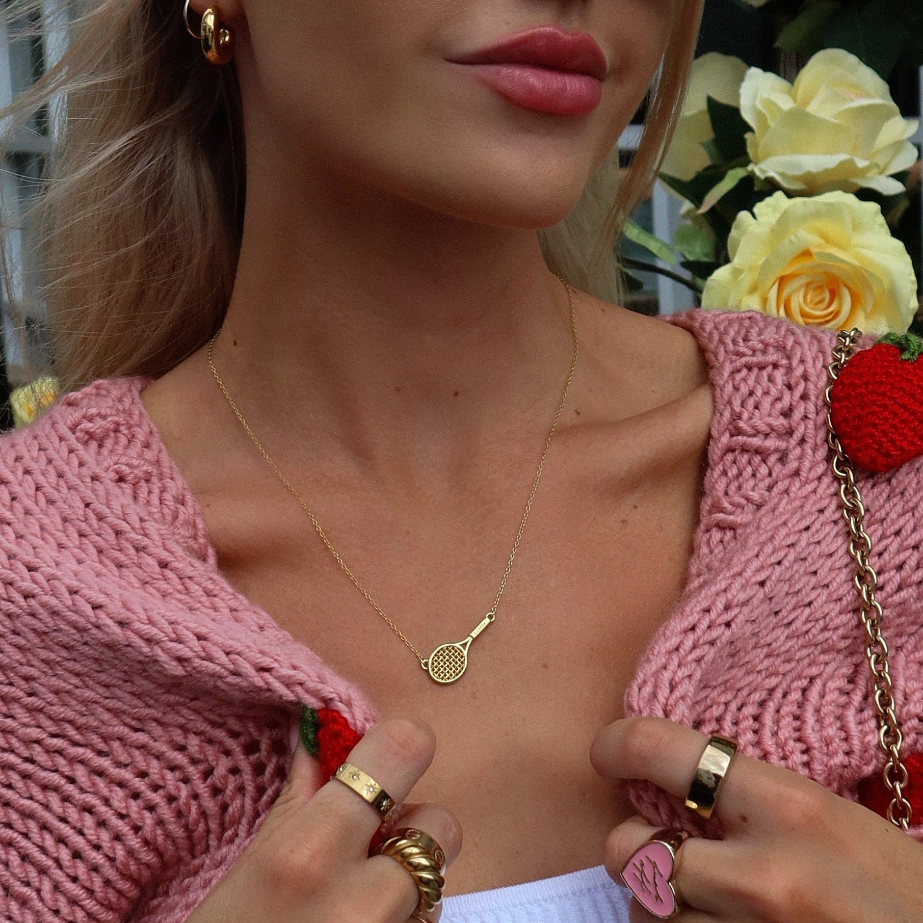 lottie tennis necklace, gold tennis racket necklace, morgan riddle necklace, tenniscore