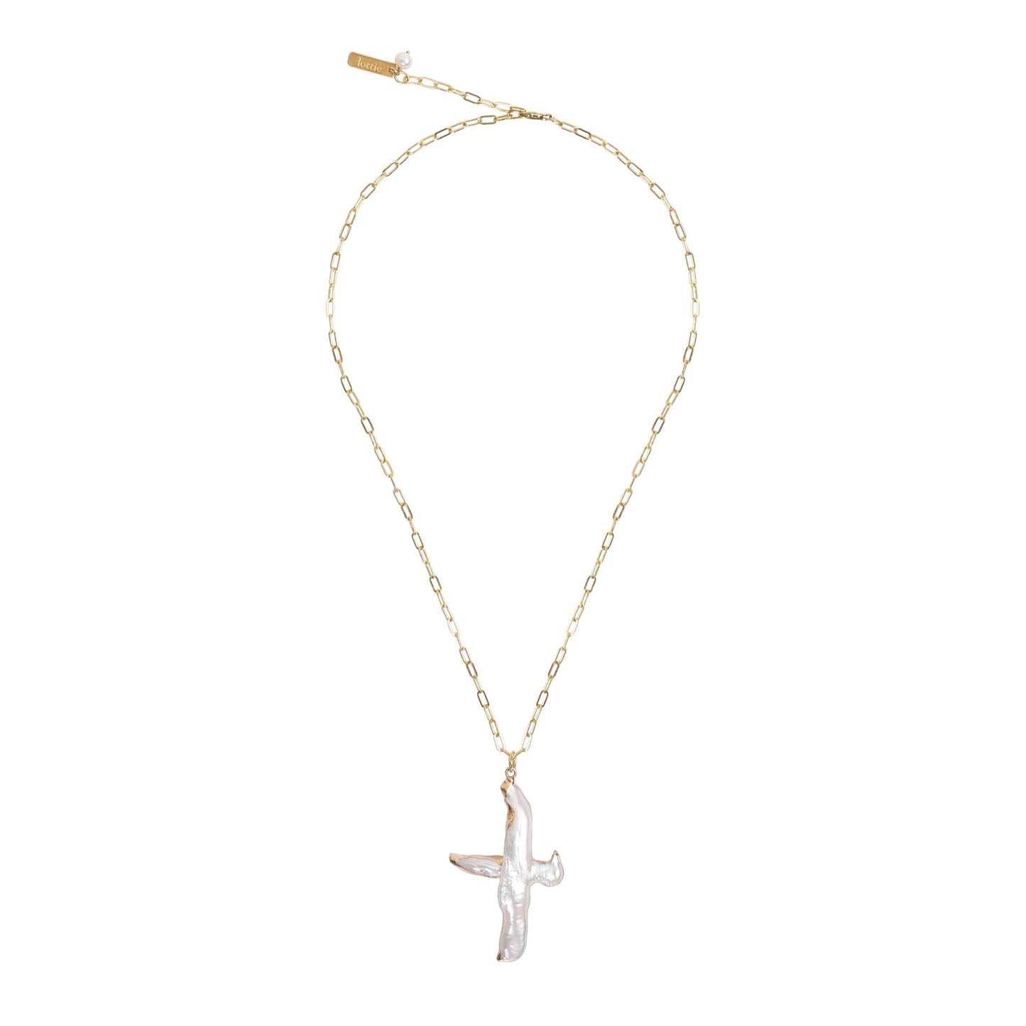 pearl shaped cross necklace on gold paperclip chain