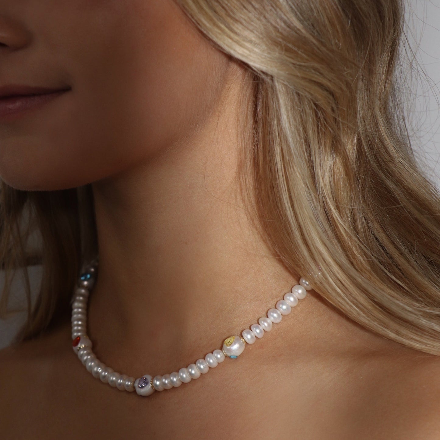 lottie pearl gems necklace, swarovski crystal on pearls, muti-color crystal on pearl necklace,
