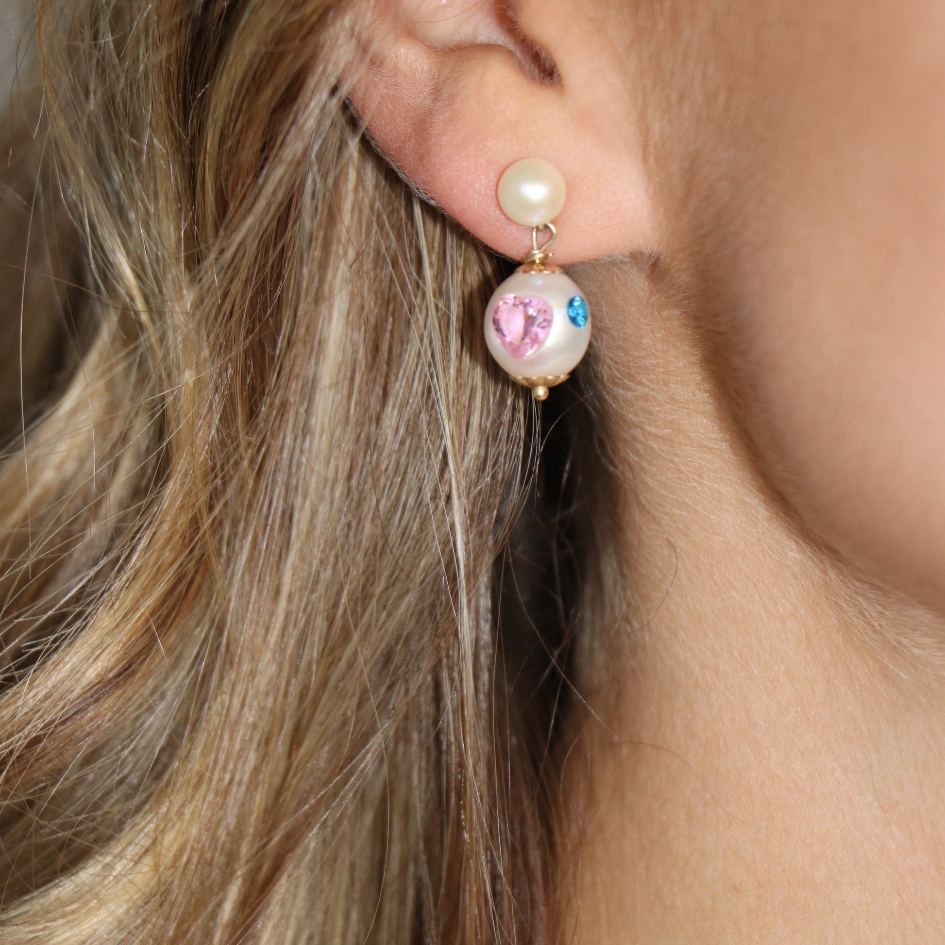 lottie pearl gems earrings, swarovski crystal on pearls, muti-color crystal on pearl drop earrings,