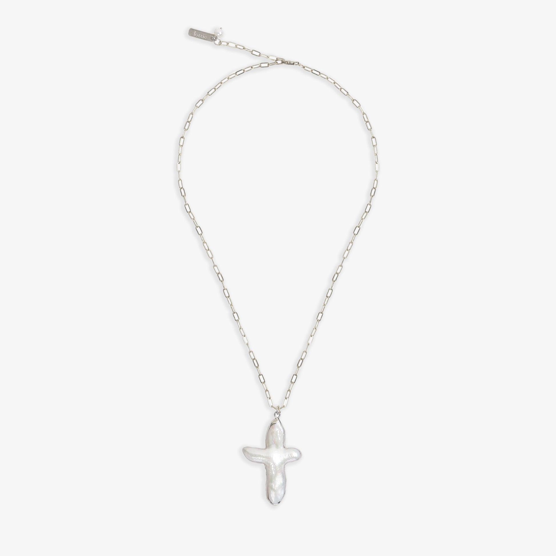cross shaped pearl on silver paperclip chain