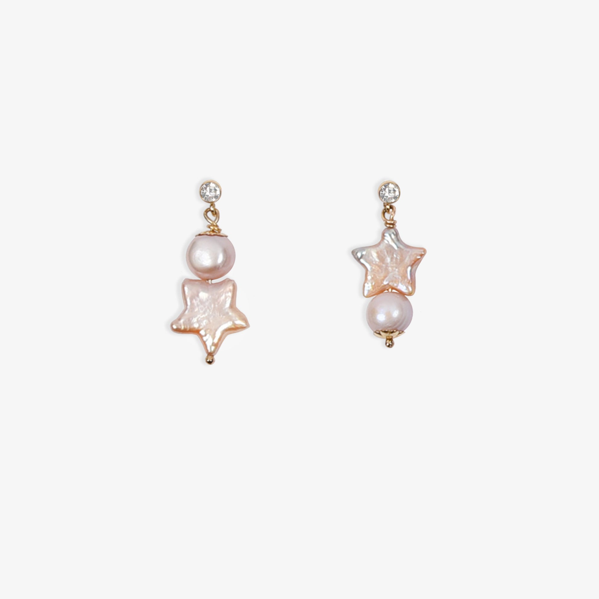 twinkle star stud earrings, light pink star shaped pearl and round pearl drop earring on topaz stud