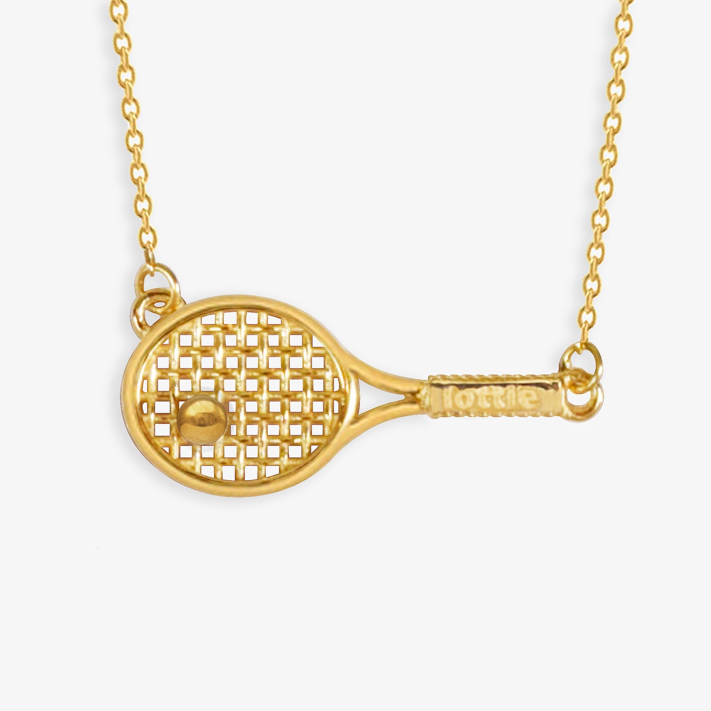 lottie tennis necklace, gold tennis racket necklace, morgan riddle necklace, tenniscore