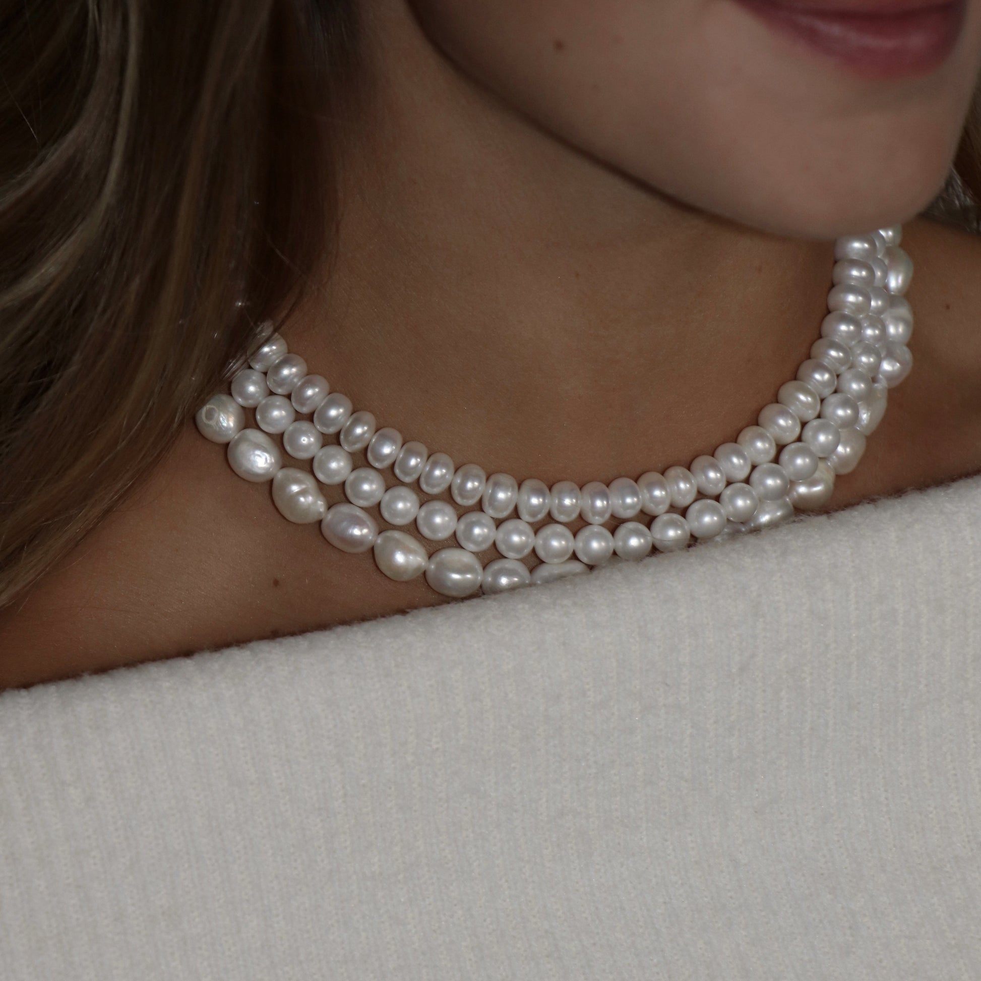 three strand pearl necklace, Jackie O necklace, classic style, occasion necklace, statement necklace, white pearl necklace