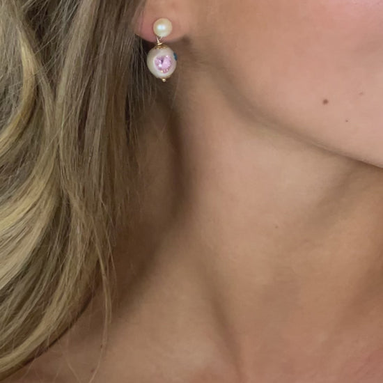 lottie pearl gems earrings, swarovski crystal on pearls, muti-color crystal on pearl drop earrings,